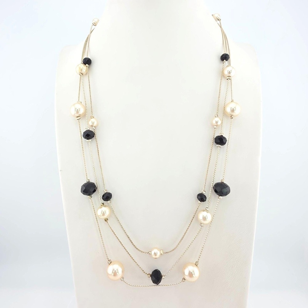 Vtg ROMAN Layered Station Necklace Faux Pearl Black Glass Bead Silver Plate 22"